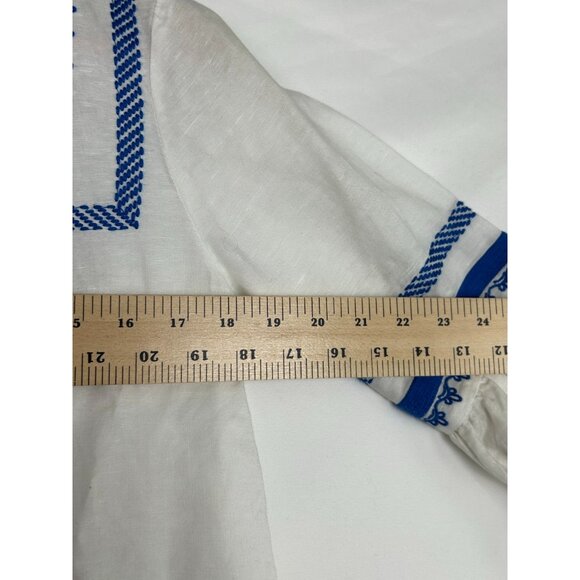 J Crew Tunic Blouse Women's Size 2 White Blue Embroidered Tassel Linen Blend - Picture 4 of 15
